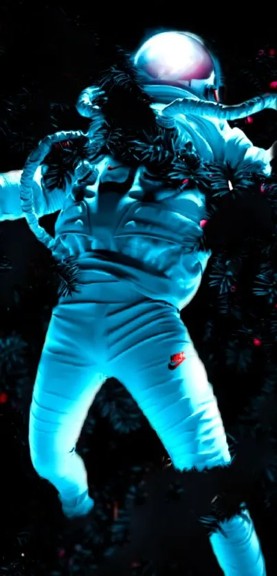 Futuristic astronaut with glowing suit in space.