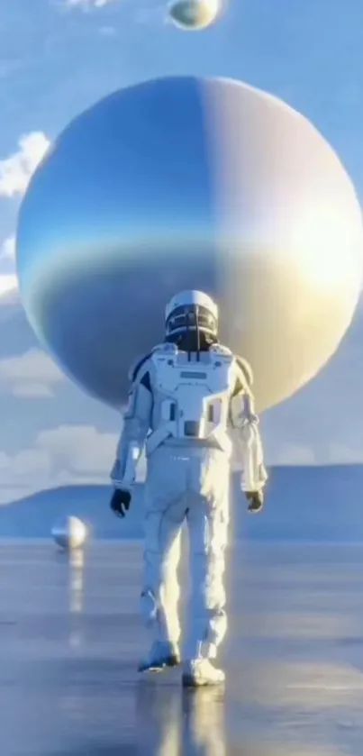 Astronaut standing in a futuristic space setting with large spheres.