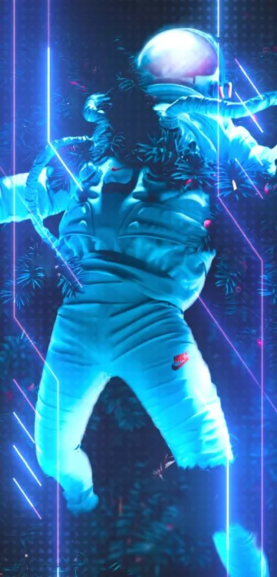 Neon-lit astronaut floating in space with a futuristic design.