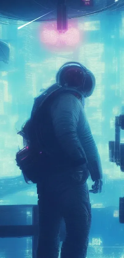 Astronaut in a futuristic, neon-lit cityscape.