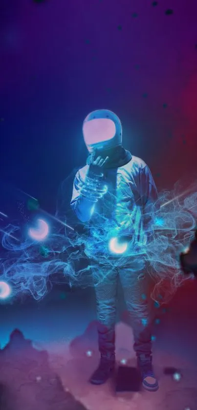 Futuristic astronaut with glowing elements in a cosmic background.