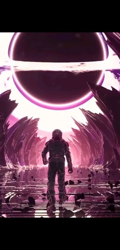 Lone astronaut in vibrant purple alien landscape.