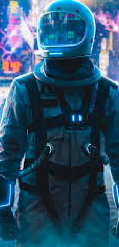 Astronaut in neon-lit futuristic cityscape mobile wallpaper.