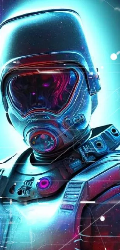 Futuristic astronaut in neon glow with cosmic background.