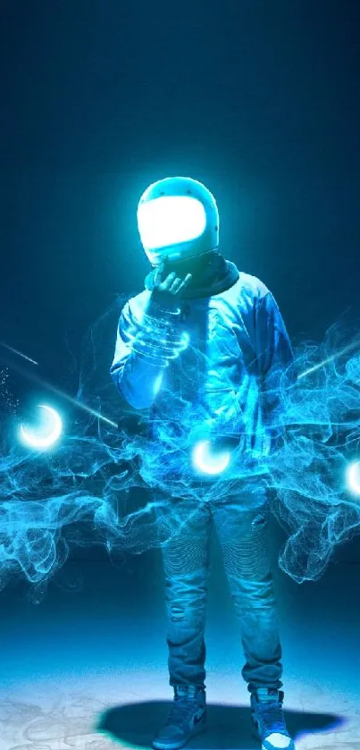 Futuristic astronaut with glowing blue light in a dark theme mobile wallpaper.