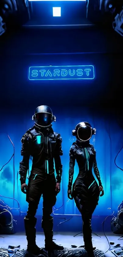 Astronauts under blue glow with 'Stardust' sign in sci-fi setting.