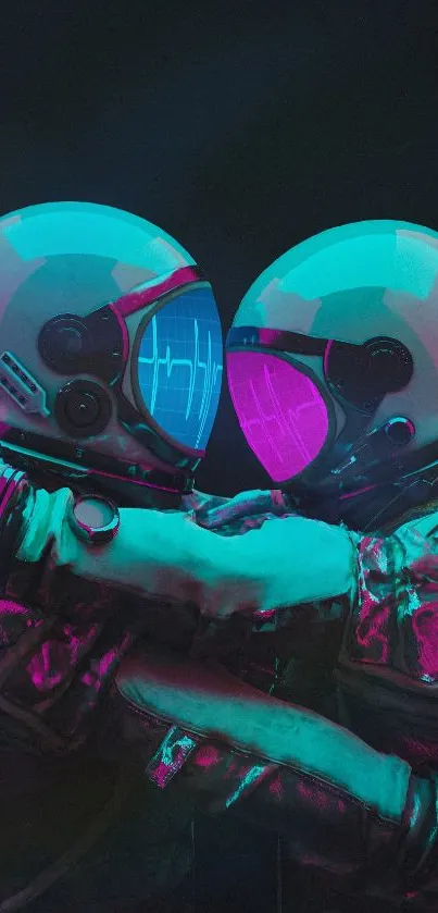 Futuristic astronauts in neon embrace with dark blue backdrop.