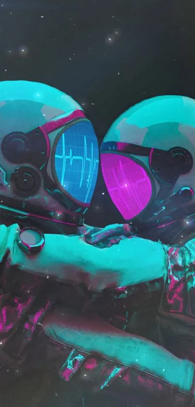 Futuristic astronauts in love, vibrant neon art.