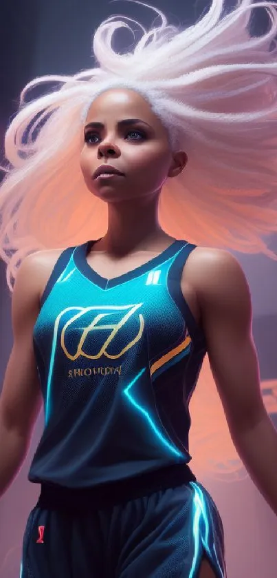 Futuristic athlete with neon glow in a cyberpunk cityscape background.