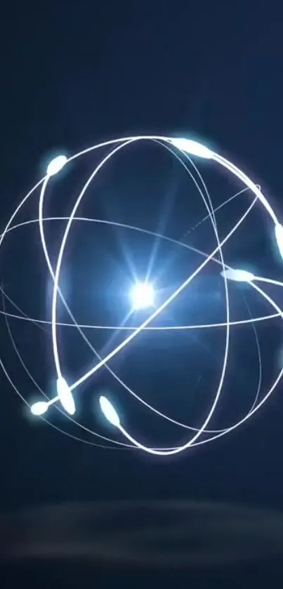 Futuristic glowing atomic orb with light trails on dark blue background.