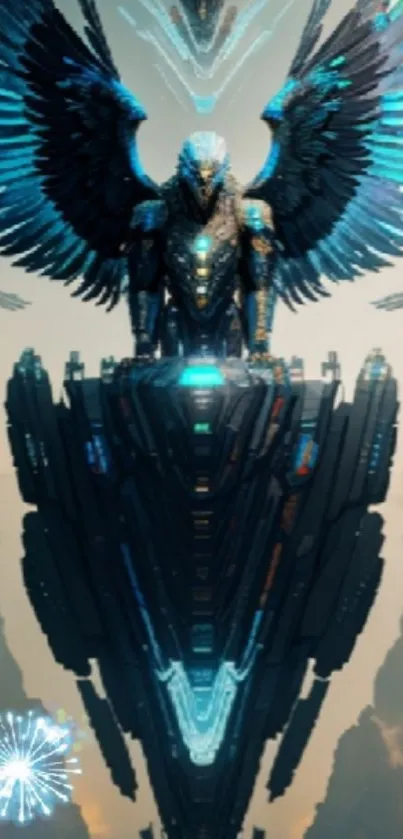 Futuristic guardian with metallic wings and blue hues in a sci-fi setting.