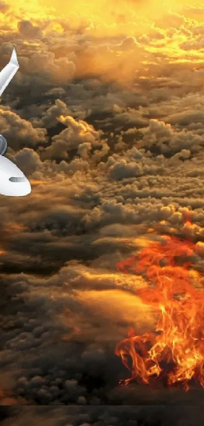 Airplane flying through fiery clouds with a glowing sun overhead.