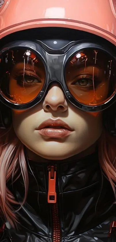 Futuristic girl in aviator gear with orange and pink accents.