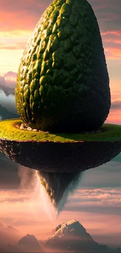 Surreal floating avocado island in a dreamy sky.