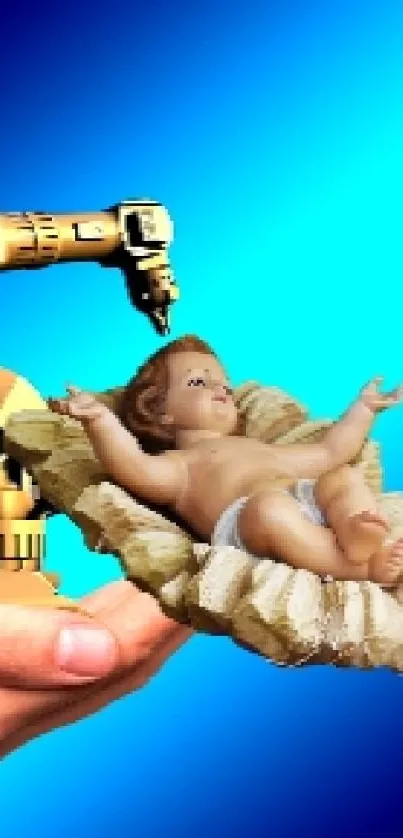 Futuristic wallpaper with robotic arm holding a baby on a blue gradient background.