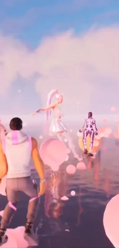 Characters floating on balloons in a futuristic, dreamy scene.