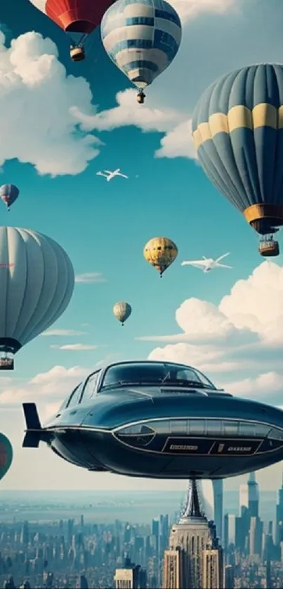 Futuristic balloons flying over city skyline with blue sky.