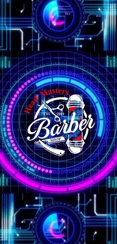 Futuristic barber shop logo with neon glow and digital circuit design.