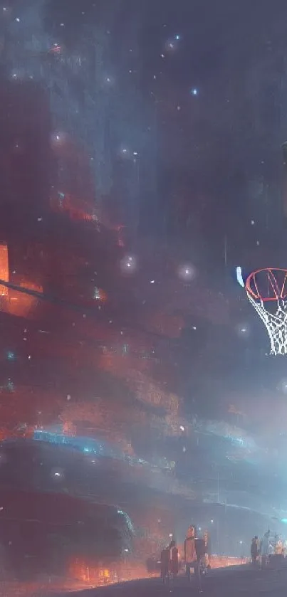 Futuristic basketball court with neon lights in a digital art style.