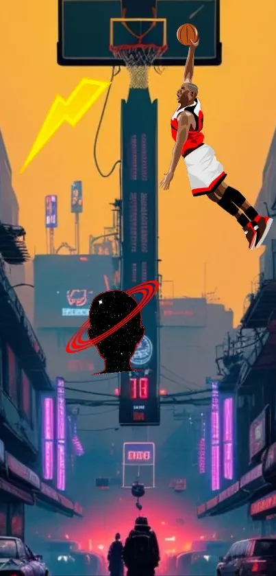 Futuristic digital art of a basketball player dunking in a neon urban setting.