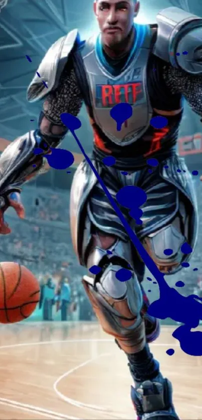 Futuristic player on a basketball court with a sci-fi design.