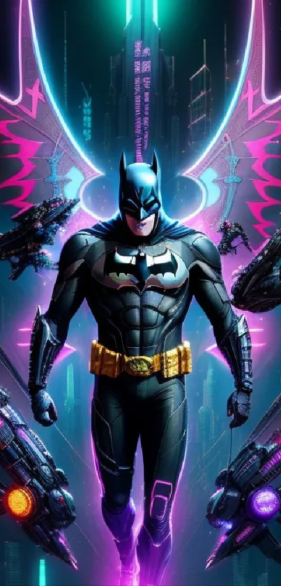 Futuristic Batman with neon wings and flying ships.