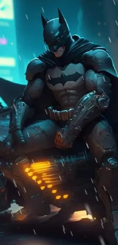 Batman in a cyberpunk city sitting on a high-tech motorcycle at night.