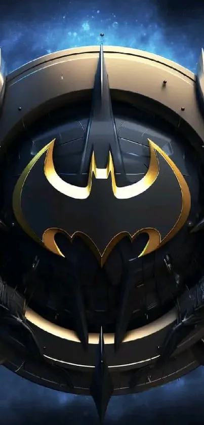 Futuristic Batman emblem with dark blue and metallic details on a mobile wallpaper.