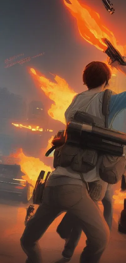 Dynamic sci-fi battle scene with flames in a futuristic cityscape wallpaper.