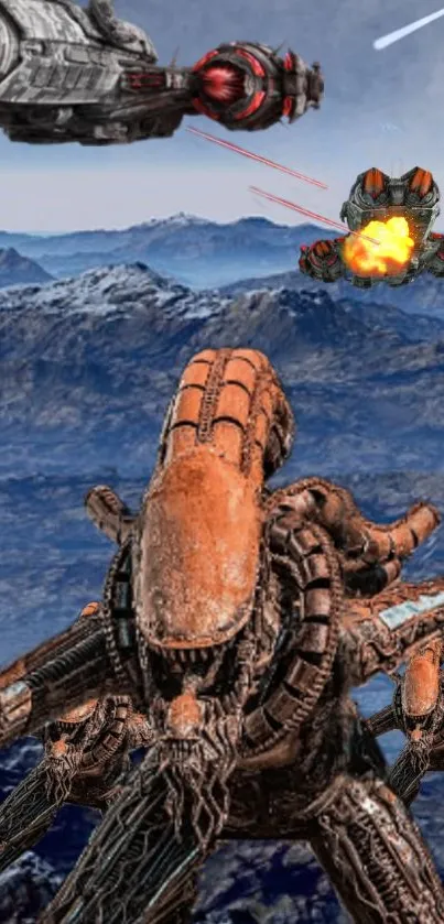 Futuristic alien battle scene with spaceships and mountains.