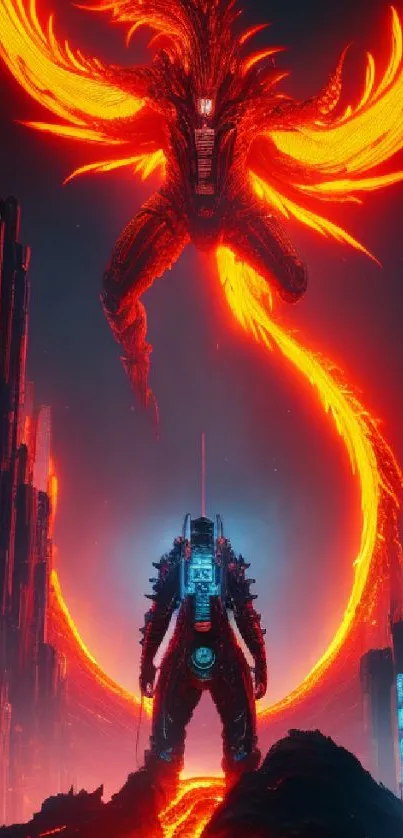 Futuristic hero faces a fiery neon dragon in a cyberpunk cityscape.