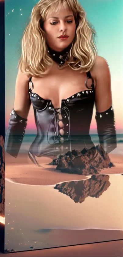 A futuristic beach scene with digital art and a female portrait.