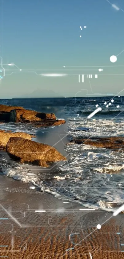 Futuristic beach with digital overlays on shoreline and waves.