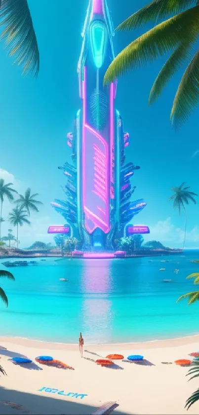 Futuristic beach with neon skyscraper and palm trees at sunset.