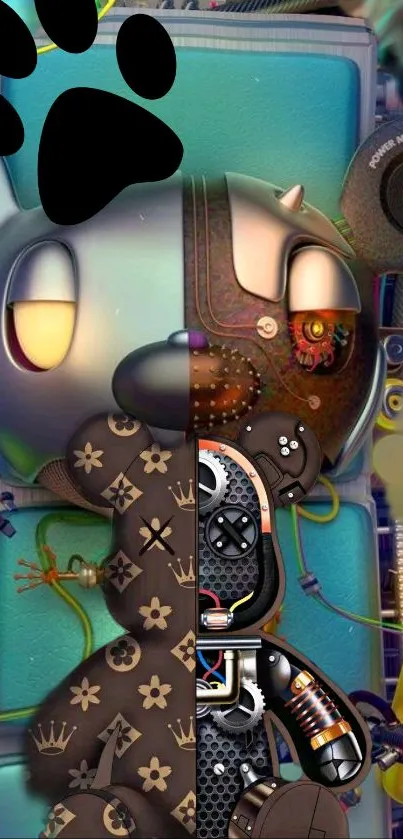 Futuristic bear art wallpaper with robotic and luxury design elements.