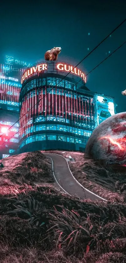 Futuristic neon city with bears on buildings and planets.
