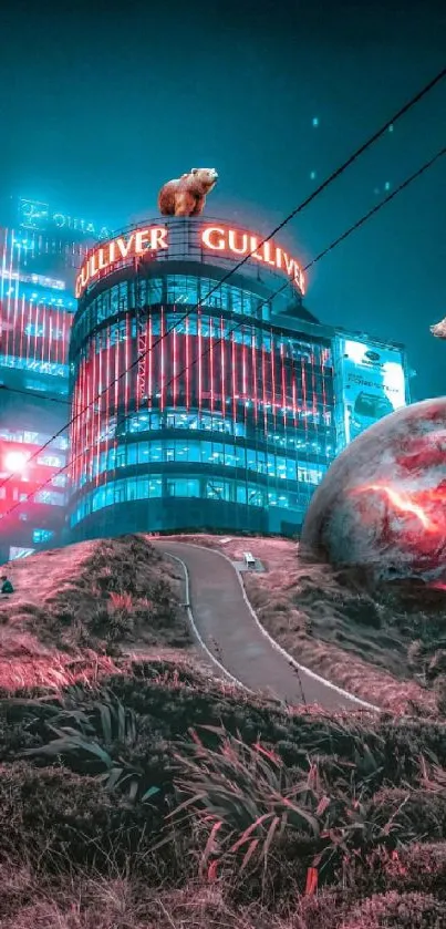 Futuristic cityscape with bear on hill and neon lights.
