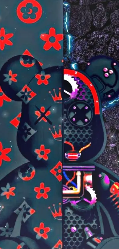 Dual-themed futuristic bear wallpaper with vibrant designs.