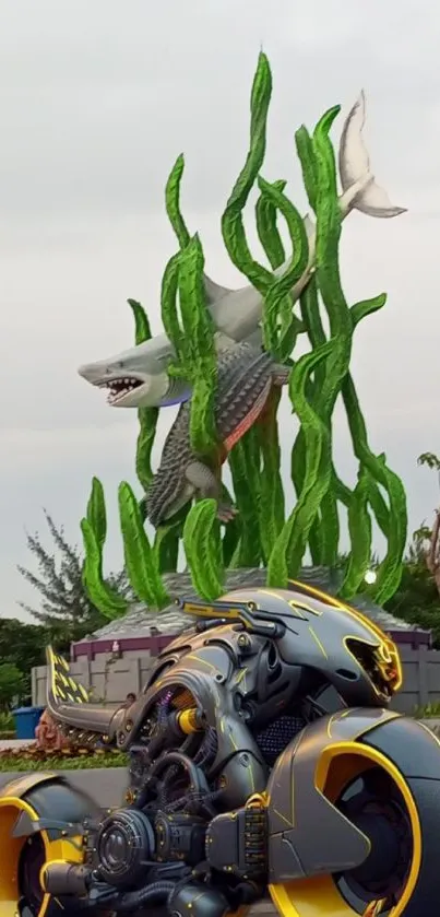 Futuristic bike and shark sculpture in vibrant city scene.