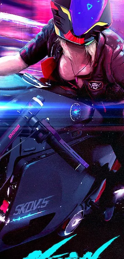 Neon-clad biker racing through futuristic cityscape on a high-tech motorcycle.