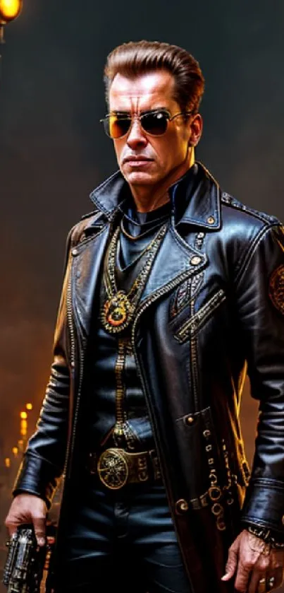 Futuristic biker in leather with fiery industrial background.