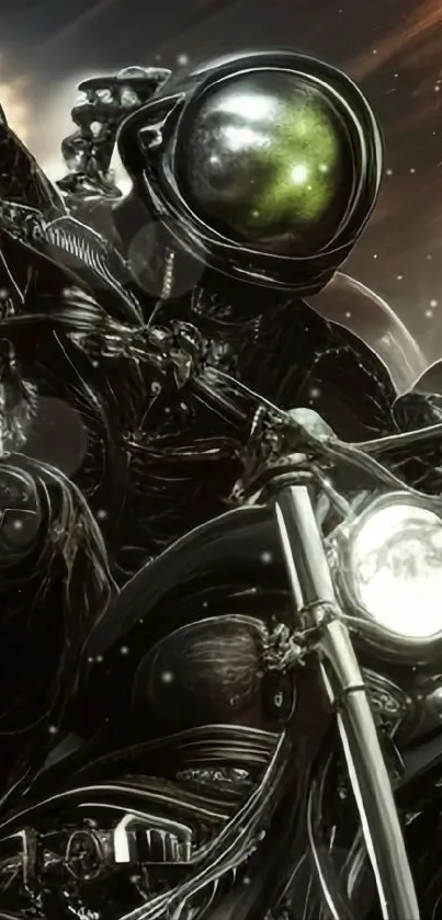 Futuristic astronaut riding a motorcycle in space.