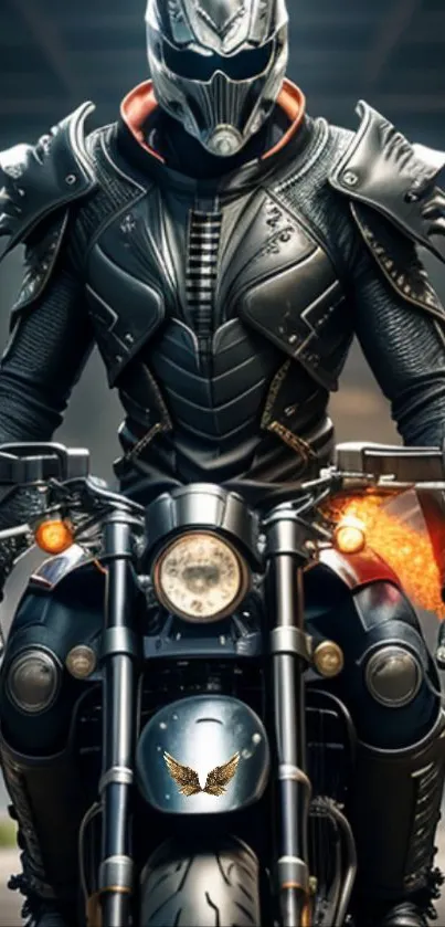 Futuristic armored biker on motorcycle with glowing effects in sci-fi style.