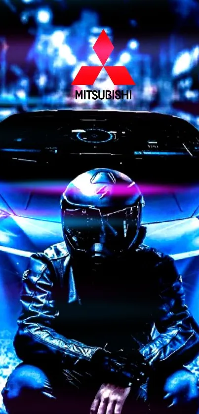 Futuristic biker in front of illuminated car with blue undertones.