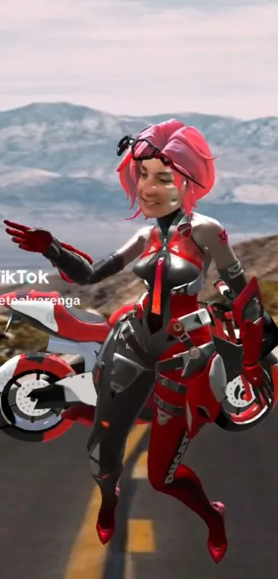 Futuristic biker girl with pink hair and motorcycle on a scenic road.