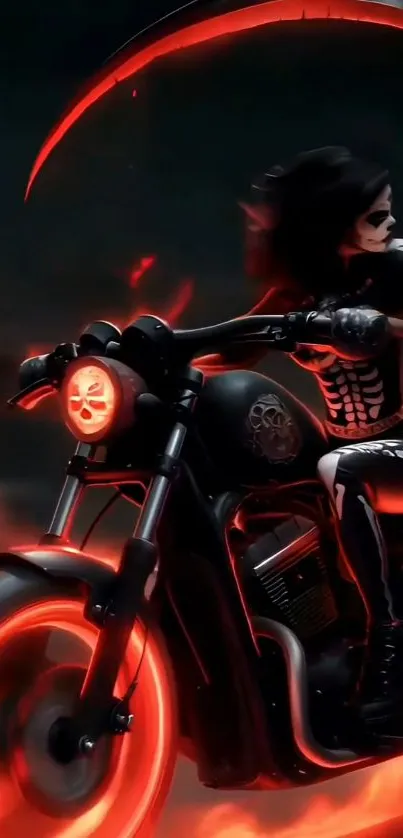 Futuristic biker with neon red flames in dynamic pose.