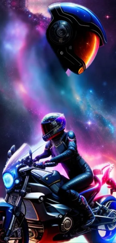 Futuristic biker racing in a cosmic nebula.