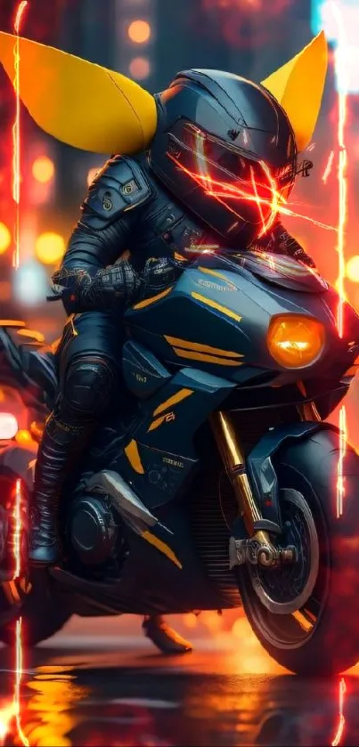 Futuristic biker in neon-lit cityscape.