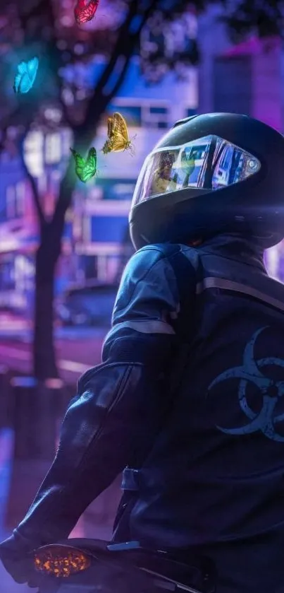 Futuristic biker in neon city with holographic butterflies at night.