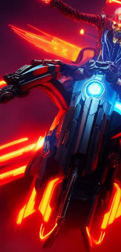 Futuristic biker rides through neon red flames in this cyberpunk-themed wallpaper.